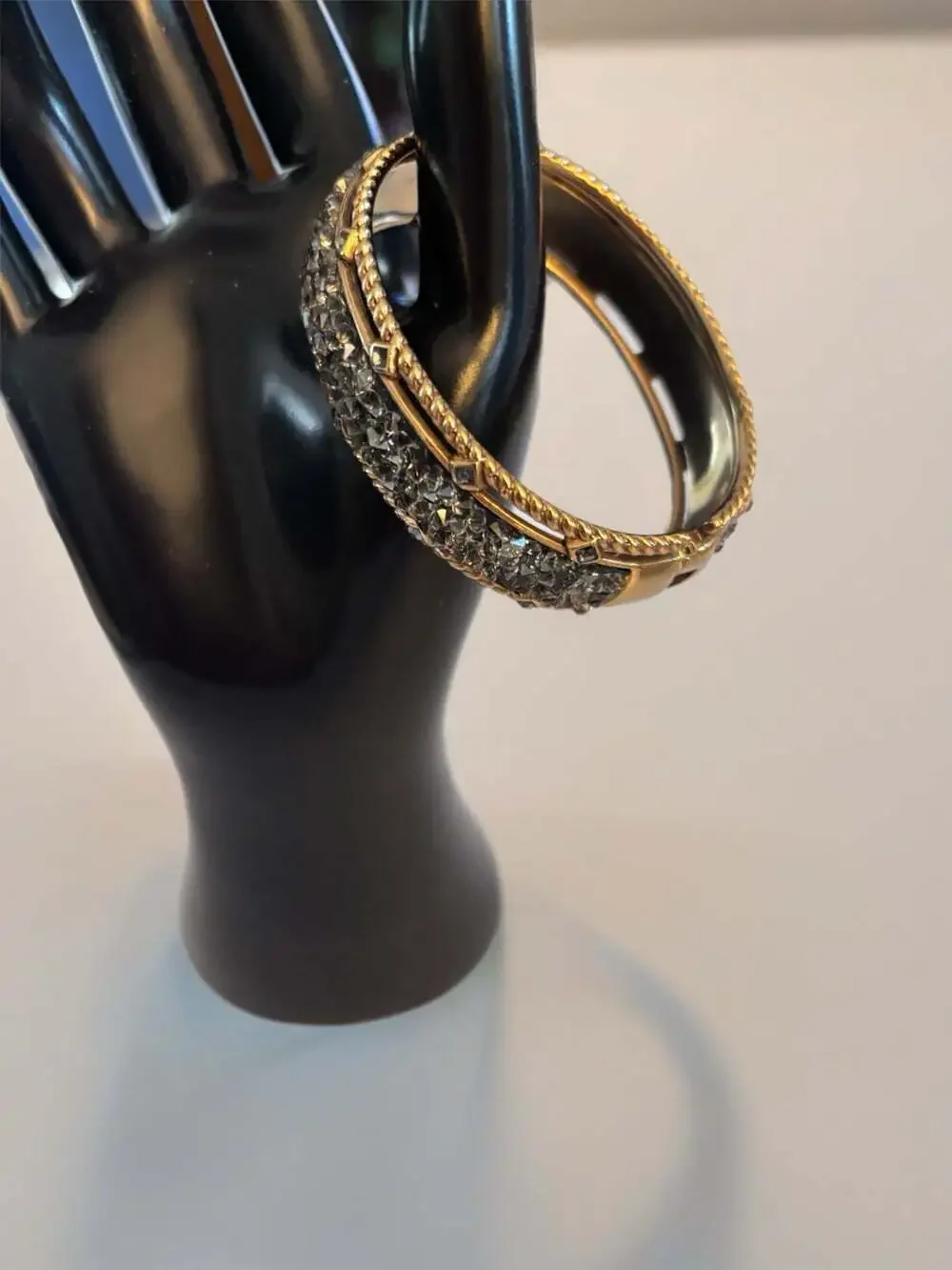 Brighton Retired Crystal Rocks Hinged Bangle Bracelet Gold Black Crystals.